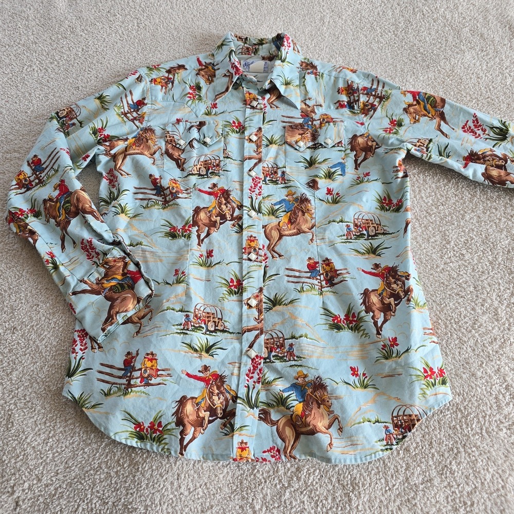Rockmount Ranch Wear Women Diamond Snap All-Over Western Motif Shirt Blue Sz XL